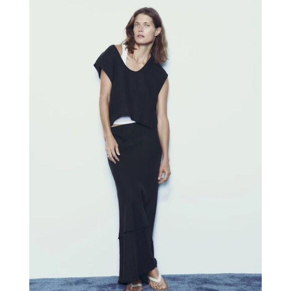 Black Zara Linen High-Waisted  Long Maxi Skirt (NWT) - Picture 1 of 8